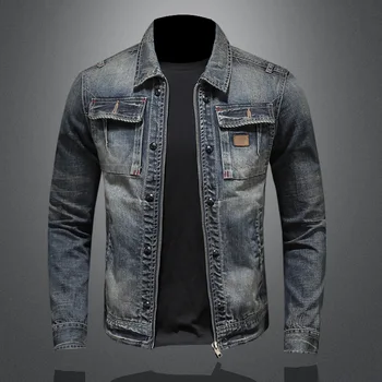 Высококачественная Мужская Джинсовая куртка с отворотом, Высококачественная Мотоциклетная джинсовая куртка, Мужская винтажная джинсовая куртка на молнии, Мужская Джинсовая куртка, Мужская