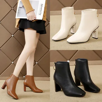Новые кожаные ботинки для женщин, ботильоны на высоком каблуке с квадратным носком, Короткие ботинки на молнии, сапоги на толстом каблуке, женская обувь